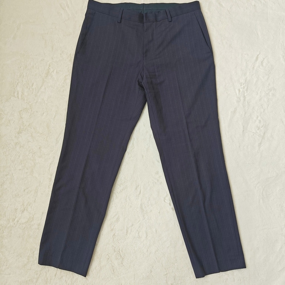 Womens HUGO BOSS Dress Pants 100% Wool Navy Blue Pinstripe Tapered Size 14 Large